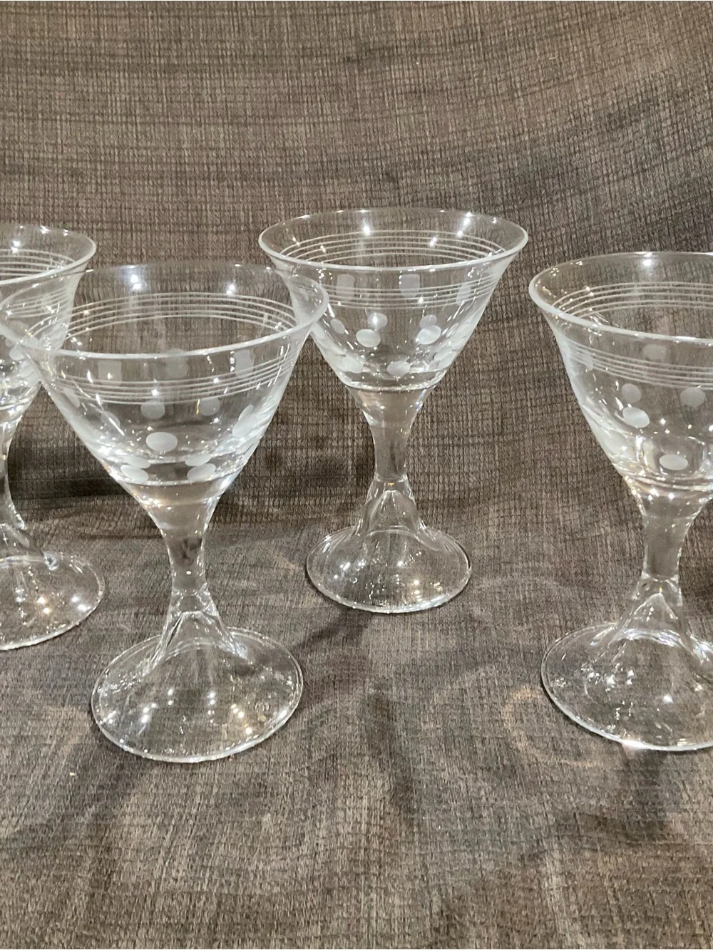 Set of 4 Clear Martini Glasses with Etched Lines & Polka Dots | Modern Cocktail